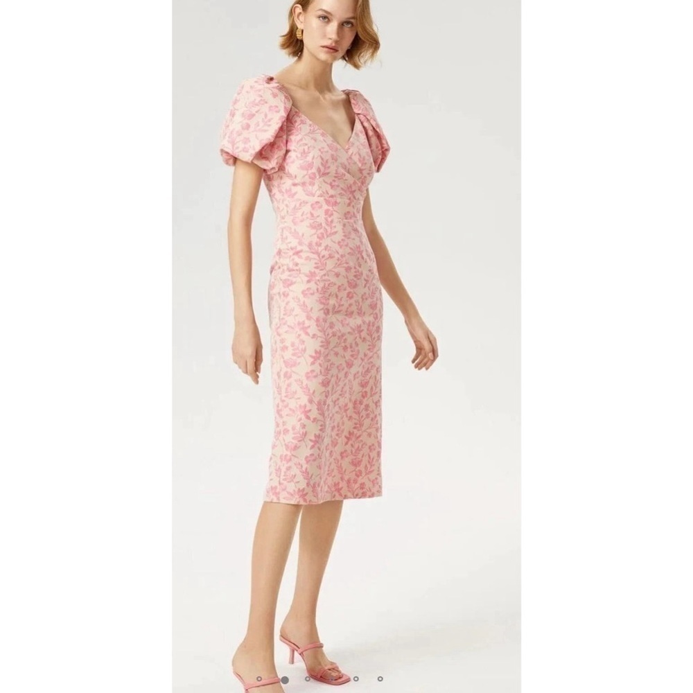 Anthropologie Exquise Pink Foral Puff Shoulder Midi Dress